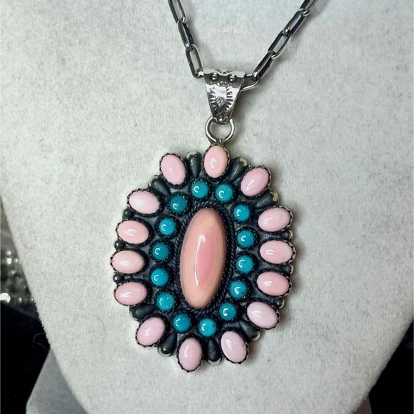 Huge 2.5" Long Handmade Sterling Silver Pink Conch Snake Eye Turquoise Cluster M - Picture 1 of 8